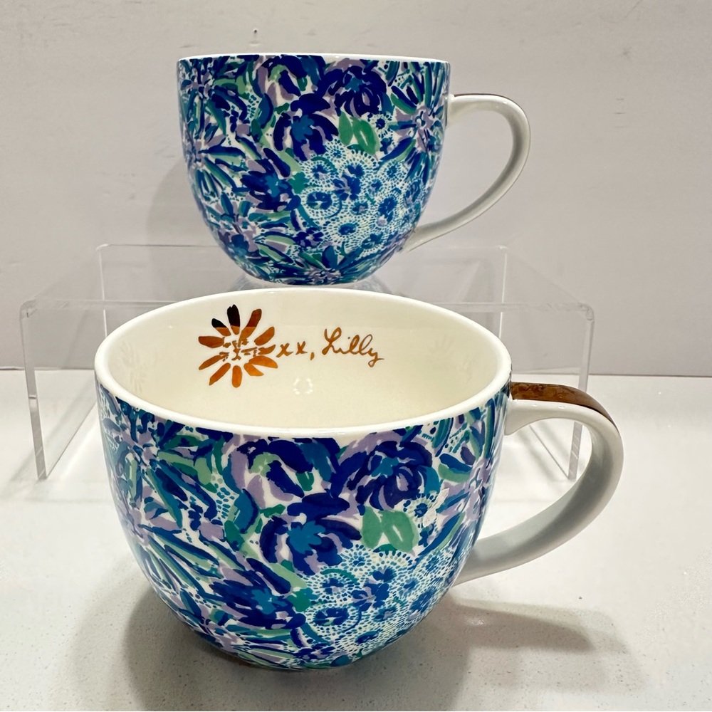 Lilly Pulitzer Ceramic Mugs Blue‎ Floral 12 Oz Coffee Tea Rounded Cups Set of 2